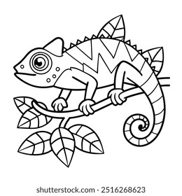 Chameleon Line Art Illustration - Página para colorear de reptiles para niños y adultos. Ilustración vectorial en blanco y negro para colorear libro.