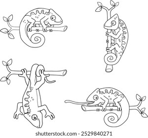 Chameleon line art or outline vector set for designer and illustrators, design elements, and coloring book