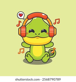 Chameleon listening music with headphone cartoon vector illustration. Vector cartoon Illustration suitable for poster, brochure, web, mascot, sticker, logo and icon.