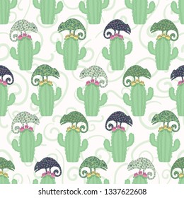 Chameleon lizard and cactus plant seamless pattern. Green reptile repeatable tile vector illustration. Pet store, zoo camouflage graphic design wallpaper. Hand drawn exotic wild animal background.