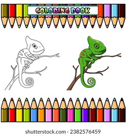 chameleon lizard cartoon on a tree branch for coloring book