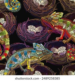 Chameleon lizard, colorful dragonflies and bird nest. Jungle forest template for design of clothes. Seamless pattern. Embroidery art