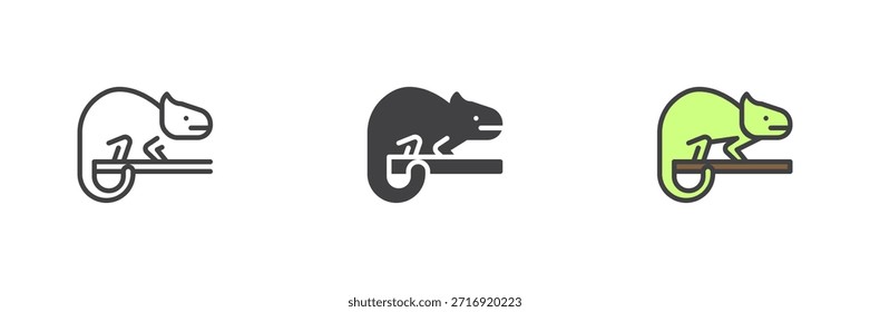 Lagarto camaleón con icono de cola rizada en línea, estilo colorido de contorno sólido y lleno. Icono de camaleón dos veces como signo de Vector, símbolo, paquete de animales de color.