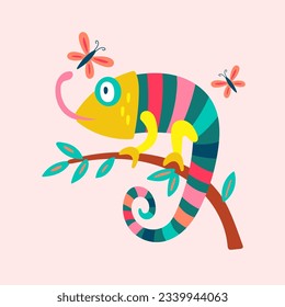 Chameleon lizard cute funny character design. Childish print for cards, apparel and decoration