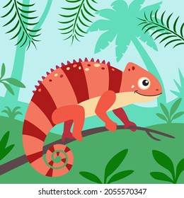 Chameleon lizard on jungle background, vector square illustration of indian chameleon in rainforest