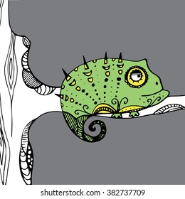 Chameleon. Lizard on a tree. Animal. Zoo. Herbivores. Line art. Tattoo. Black and white. Dudling. Zentangl. Stylized. Decorative. Drawing by hand. Isolated. Background.