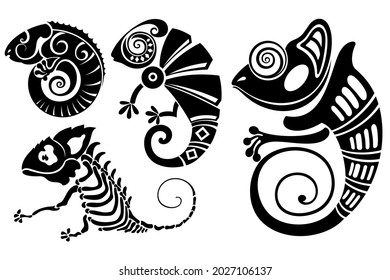 Chameleon lizard reptile black silhouette animal. Tattoo Chameleon lizard 