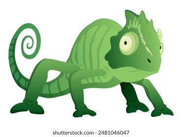 Chameleon lizard. Reptiles with curved tail and camouflage skin, tropical wildlife. Vector exotic animal illustration