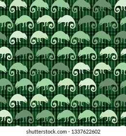 Chameleon lizard seamless pattern. Green reptile repeatable tile vector illustration. Pet store, zoo camouflage graphic design wallpaper. Hand drawn exotic subtropical animal silhouette background. 