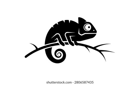 Chameleon lizard silhouette sitting on a tree branch vector icon isolated on white background.