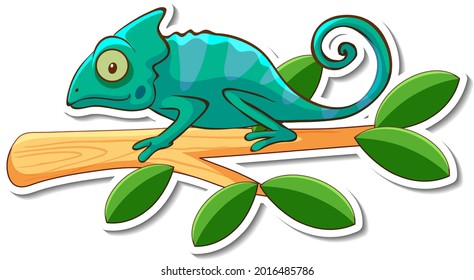 Lagartija Chameleon parado en una ilustración de una etiqueta de rama