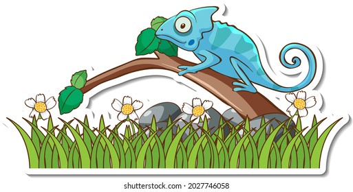 Lagartija Chameleon parado en una ilustración de una etiqueta de rama