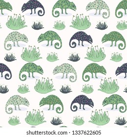 Chameleon lizard and succulent plant seamless pattern. Green reptile repeatable tile vector illustration. Pet store, zoo camouflage graphic design wallpaper. Hand drawn exotic wild animal background. 