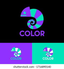 Chameleon logo. Colored bright chameleon. Isolated chameleon on  a different backgrounds. Logo for creative industry, art school, esport and any business.