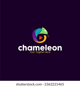 Diseño del logotipo de Chameleon con botón de reproducción de vídeo. Puedes usar este logotipo para un canal de YouTube o para un animal entusiasta