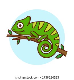 Chameleon Logo Kids Drawing Cartoon. Reptile Icon Cute Character. Animal Mascot Vector Illustration
