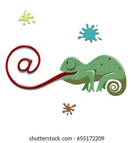 Chameleon with a long tongue in form AT . Vector illustration.