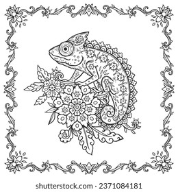 Chameleon mandala. Animal Vector illustration. Adult or kids coloring book page in Zen boho style. Antistress Peaceful drawing. Black and white