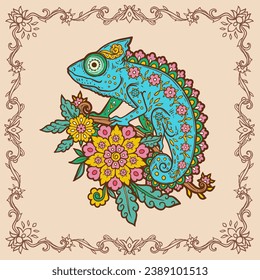 Chameleon mandala. Animal Vector illustration Ornamental flower in Zen boho style. Antistress lizard drawing. Arabic ornate