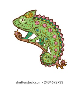 Chameleon mandala. Animal Vector illustration Ornamental flower in Zen boho style. Antistress lizard drawing.