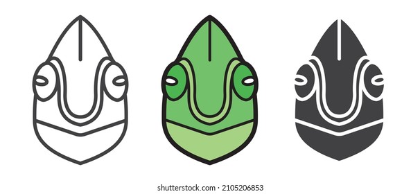 Chameleon mascot icons and silhouette. Scalable symbol. Thin outline in black. Vector illustration for use in web, mobile apps, print media and logo.