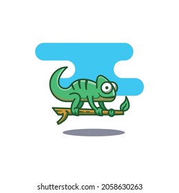 Chameleon mascot on a wooden branch vector illustration. Animals with flat design style. Suitable for stickers, logos, illustrations, web banners and more.