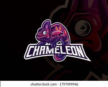 Chameleon mascot sport logo design. Exotic chameleon animal mascot vector illustration logo. Wild chameleon reptile mascot design, Emblem design for esports team. Vector illustration