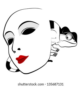 Chameleon and mask on a white background