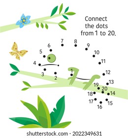 Chameleon On Branch. Dot To Dot. Connect Dots From 1 To 20. Game For Children. Vector Illustration.