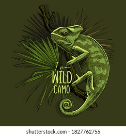 Chameleon on the branch and exotic palm leaves. Card, t-shirt composition, meme, hand drawn style print. Vector illustration.