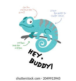 chameleon on a branch. imitation of embroidery with sequins. funny inscription. hey buddy