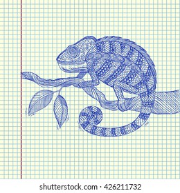Chameleon on a branch. Sheet of paper drawing. Vector stock illustration