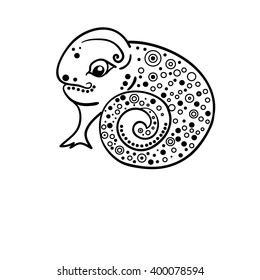 Chameleon on a branch. Stylized lizard. Line art. Black and white drawing by hand. Abstract.