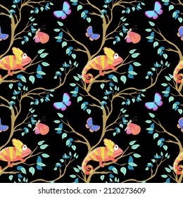 Chameleon on branches vector seamless pattern. Tropical bright pattern on a black background. Vector illustration with reptiles