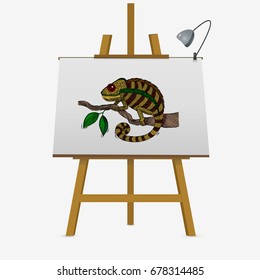 Chameleon on leaf. Colorful hand drawn vector stock illustration on easel