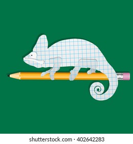 Chameleon on a pencil. School subjects. Vector Image.