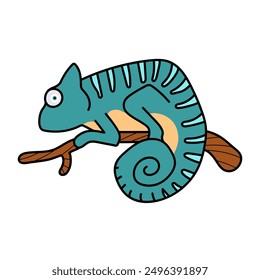 chameleon on tree branch hand drawn color vector illustration