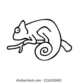 Chameleon on tree branch icon. Hand drawn vector illustration. Editable line stroke