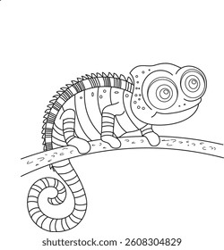 chameleon on tree branch vector outline drawing cartoon style