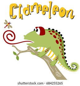 chameleon on tree branches try to catch a dragonfly, vector cartoon illustration