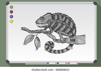 Chameleon on tree. Whiteboard draw. Black and white hand drawn vector stock illustration