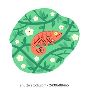 Chameleon on a vibrant green leafy background with white flowers. A cheerful vector illustration for nature-inspired designs.