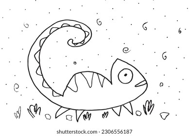 Chameleon outline illustration image. 
Hand drawn image artwork of chameleon. 
Simple cute original logo.
Hand drawn vector illustration for posters, cards, t-shirts.