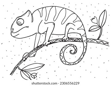 Chameleon outline illustration image. 
Hand drawn image artwork of chameleon. 
Simple cute original logo.
Hand drawn vector illustration for posters, cards, t-shirts.