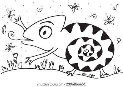 Chameleon outline illustration image. 
Hand drawn image artwork of chameleon. 
Simple cute original logo.
Hand drawn vector illustration for posters, cards, t-shirts.
