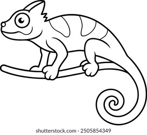 Chameleon outline or line art or sketch silhouette vector illustration with smooth lines white background.