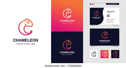Chameleon outline logo and business card design, business card, gradient, icon, modern, animal, Premium Vector