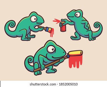 chameleon paint with brush, spray paint and brush roller animal logo mascot illustration pack