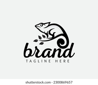 chameleon patch on plant art logo design template illustration inspiration