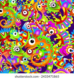 Chameleon pattern colored seamless decorative background with chameleon animals